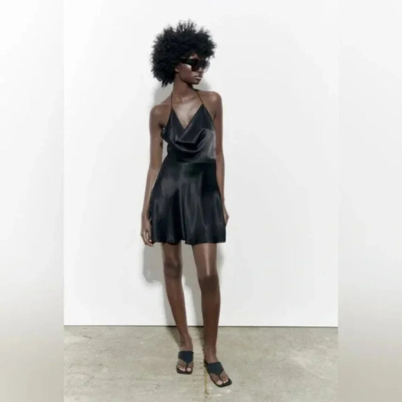 Zara Satin Effect Fluid Cowl Neck Mini  Dress NWT Black Size Medium - Picture 3 of 9